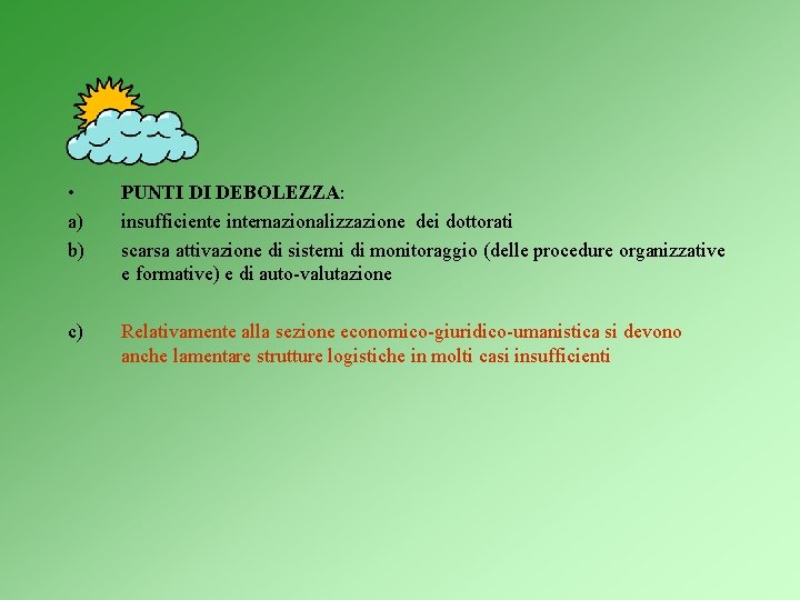  • a) b) PUNTI DI DEBOLEZZA: insufficiente internazionalizzazione dei dottorati scarsa attivazione di