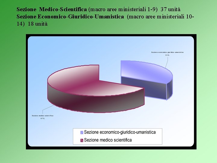 Sezione Medico-Scientifica (macro aree ministeriali 1 -9) 37 unità Sezione Economico-Giuridico-Umanistica (macro aree ministeriali