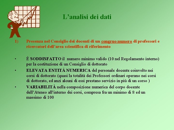 L’analisi dei dati 1) Presenza nel Consiglio dei docenti di un congruo numero di