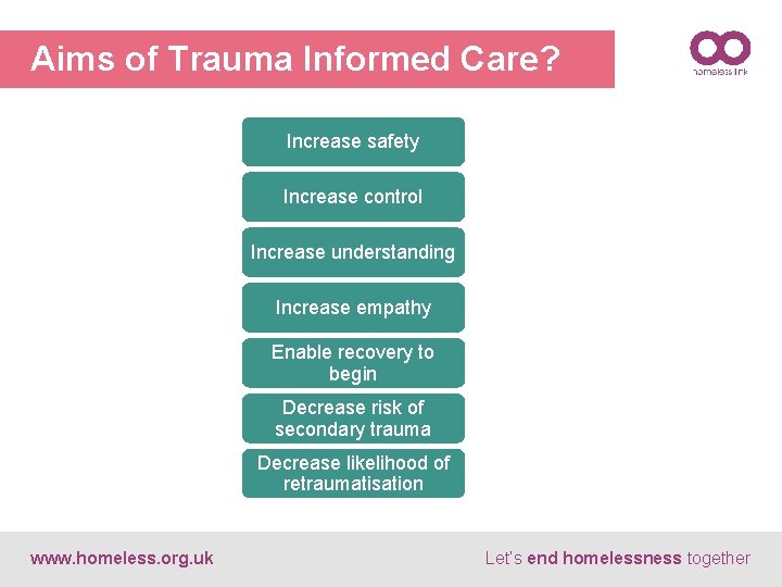 Aims of Trauma Informed Care? Increase safety Increase control Increase understanding Increase empathy Enable
