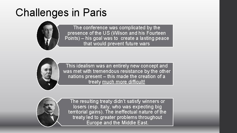 Challenges in Paris The conference was complicated by the presence of the US (Wilson