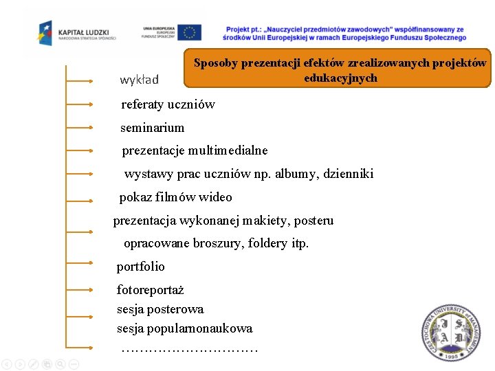 wykład Sposoby prezentacji efektów zrealizowanych projektów edukacyjnych referaty uczniów seminarium prezentacje multimedialne wystawy prac