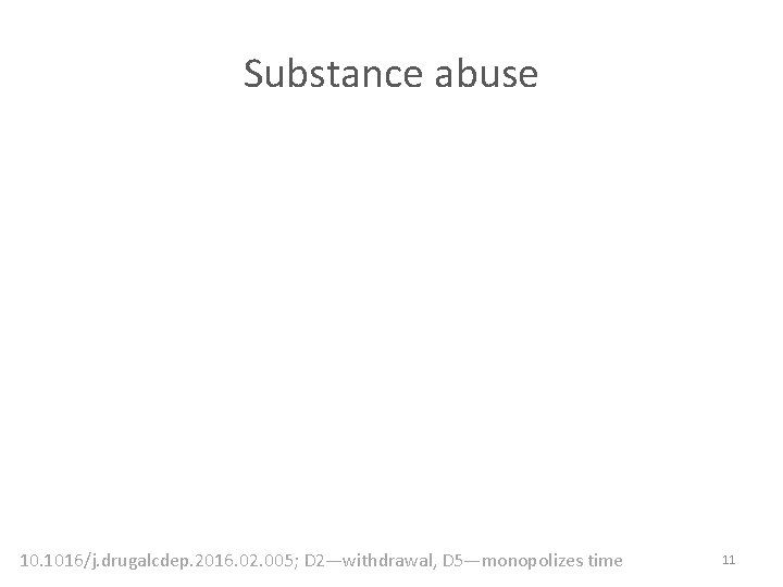 Substance abuse 10. 1016/j. drugalcdep. 2016. 02. 005; D 2—withdrawal, D 5—monopolizes time 11