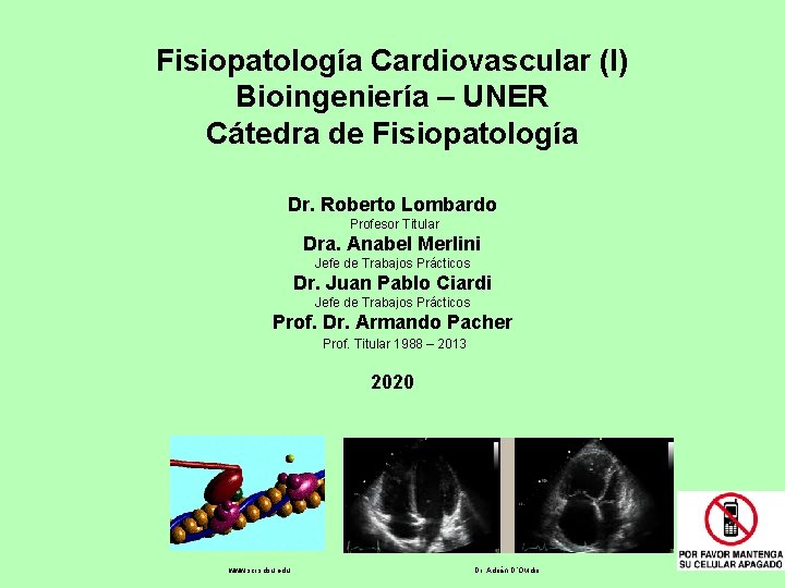 Fisiopatología Cardiovascular (I) Bioingeniería – UNER Cátedra de Fisiopatología Dr. Roberto Lombardo Profesor Titular