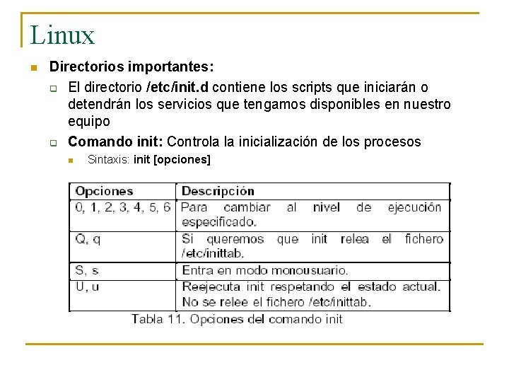 Linux n Directorios importantes: q El directorio /etc/init. d contiene los scripts que iniciarán