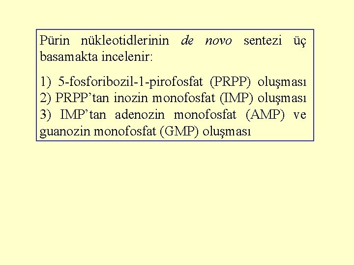 Pürin nükleotidlerinin de novo sentezi üç basamakta incelenir: 1) 5 -fosforibozil-1 -pirofosfat (PRPP) oluşması