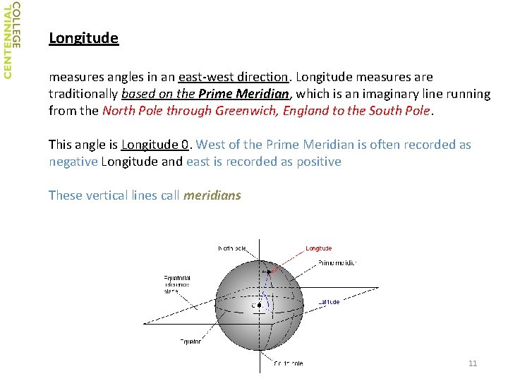 Longitude measures angles in an east-west direction. Longitude measures are traditionally based on the