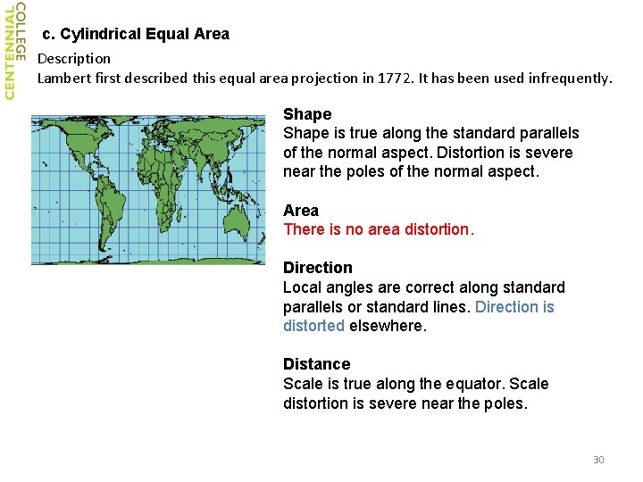 c. Cylindrical Equal Area Description Lambert first described this equal area projection in 1772.