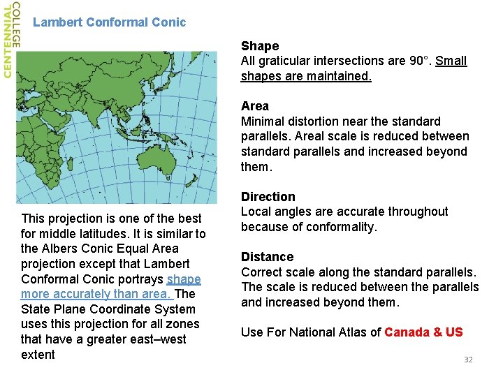 Lambert Conformal Conic Shape All graticular intersections are 90°. Small shapes are maintained. Area