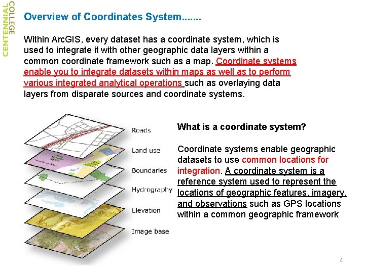 Overview of Coordinates System. . . . Within Arc. GIS, every dataset has a