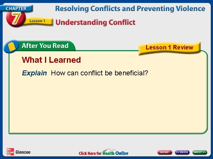 Lesson 1 Review What I Learned Explain How can conflict be beneficial? 