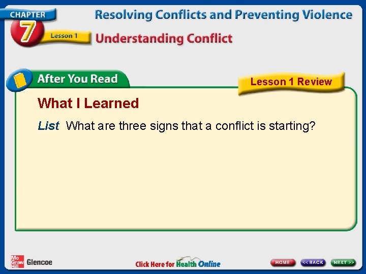 Lesson 1 Review What I Learned List What are three signs that a conflict