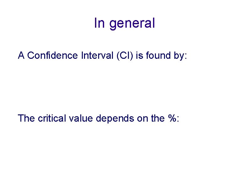 In general A Confidence Interval (CI) is found by: The critical value depends on