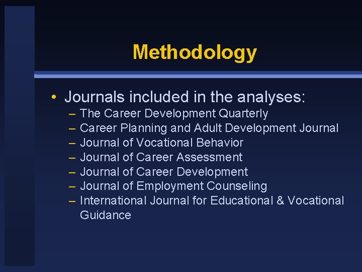 Methodology • Journals included in the analyses: – – – – The Career Development