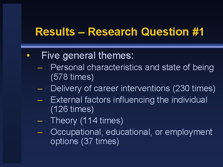 Results – Research Question #1 • Five general themes: – Personal characteristics and state