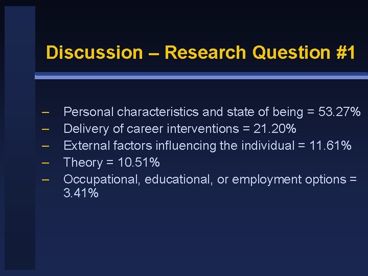 Discussion – Research Question #1 – – – Personal characteristics and state of being