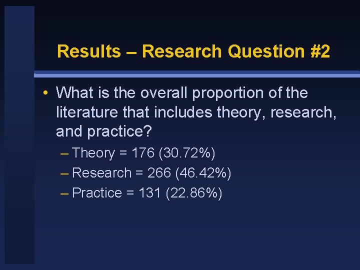 Results – Research Question #2 • What is the overall proportion of the literature