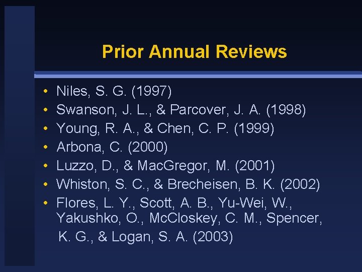 Prior Annual Reviews • • Niles, S. G. (1997) Swanson, J. L. , &