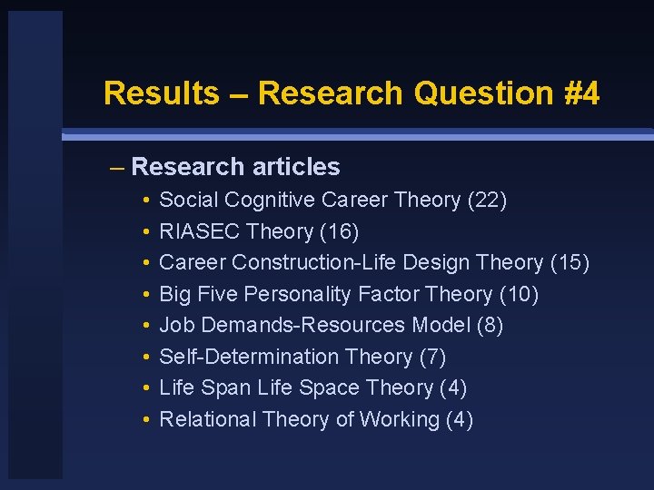 Results – Research Question #4 – Research articles • • Social Cognitive Career Theory