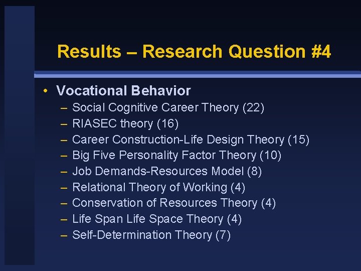 Results – Research Question #4 • Vocational Behavior – – – – – Social
