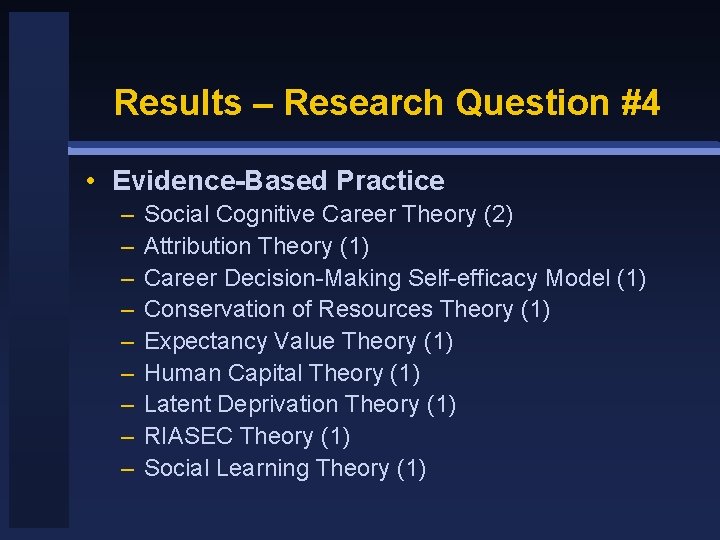 Results – Research Question #4 • Evidence-Based Practice – – – – – Social