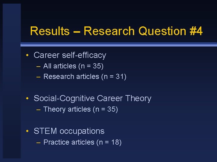 Results – Research Question #4 • Career self-efficacy – All articles (n = 35)