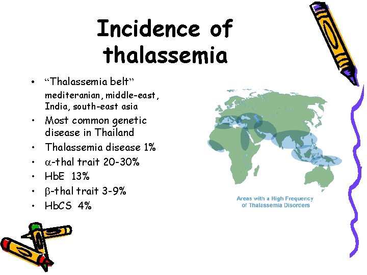Incidence of thalassemia • “Thalassemia belt” mediteranian, middle-east, India, south-east asia • Most common