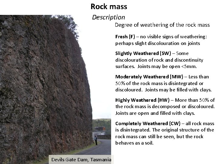 Rock mass Description Degree of weathering of the rock mass Fresh (F) – no