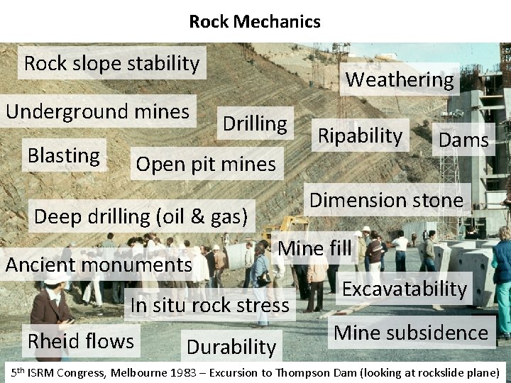 Rock Mechanics Rock slope stability Underground mines Blasting Weathering Drilling Ripability Open pit mines