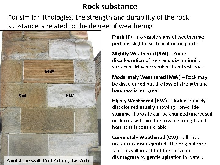 Rock substance For similar lithologies, the strength and durability of the rock substance is