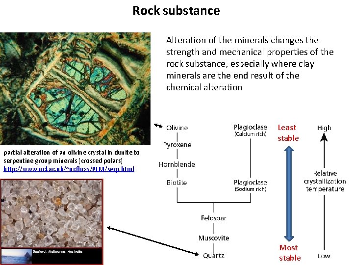 Rock substance Alteration of the minerals changes the strength and mechanical properties of the