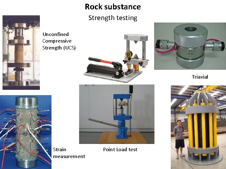 Rock substance Strength testing Unconfined Compressive Strength (UCS) Triaxial Strain measurement Point Load test