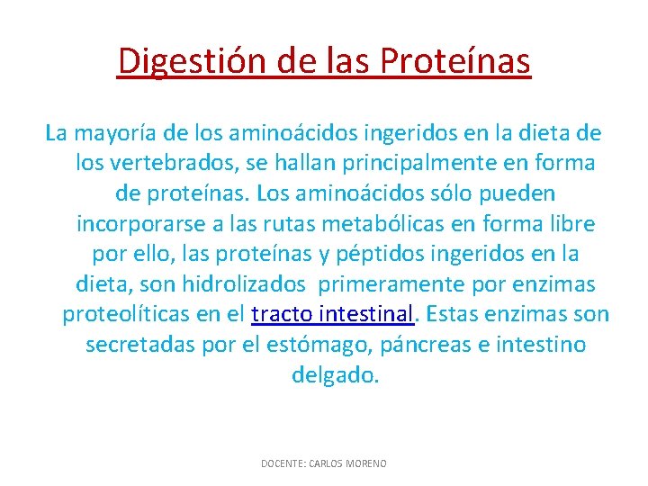 Digestión de las Proteínas La mayoría de los aminoácidos ingeridos en la dieta de