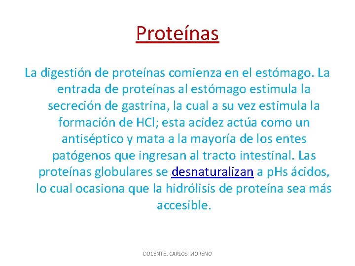 Proteínas La digestión de proteínas comienza en el estómago. La entrada de proteínas al