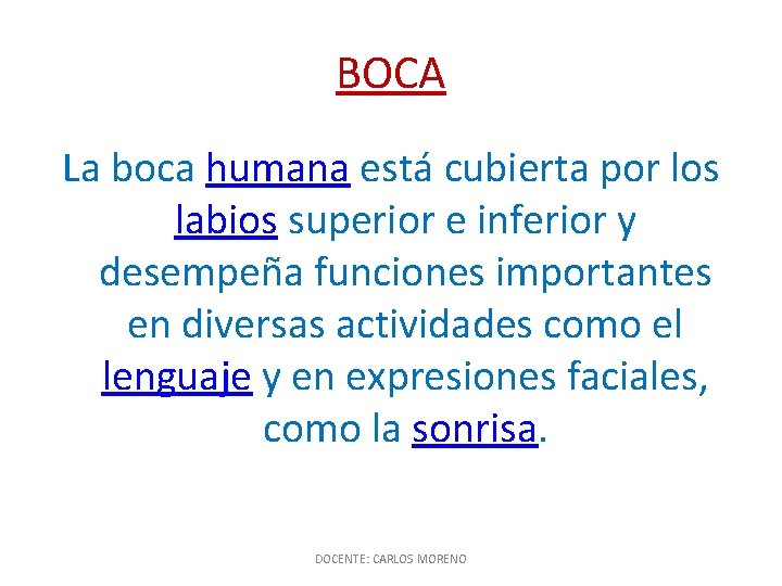 BOCA La boca humana está cubierta por los labios superior e inferior y desempeña