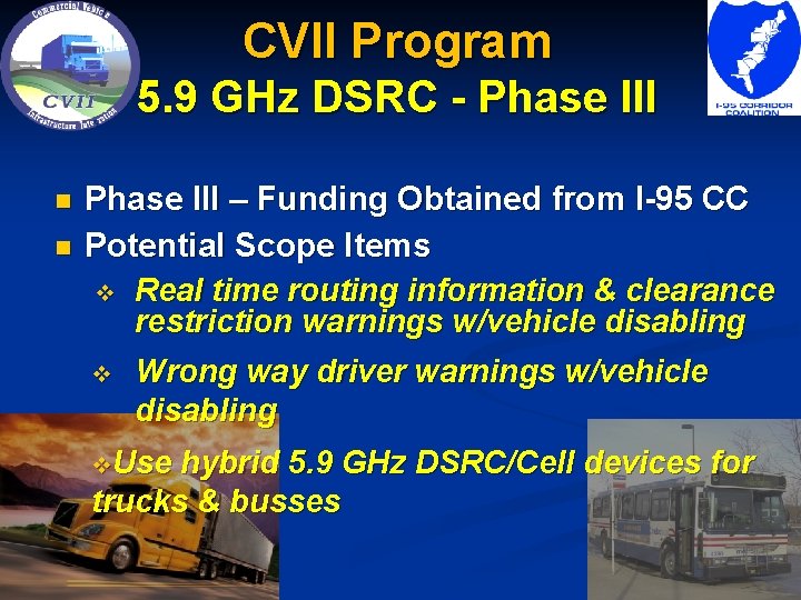 CVII Program 5. 9 GHz DSRC - Phase III n n Phase III –