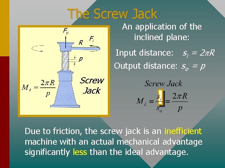 The Screw Jack Fo R Fi p An application of the inclined plane: Input