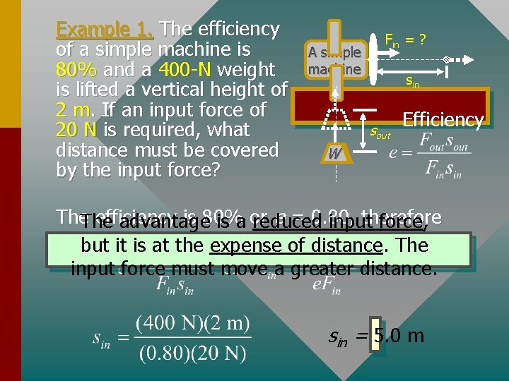 Example 1. The efficiency of a simple machine is 80% and a 400 -N