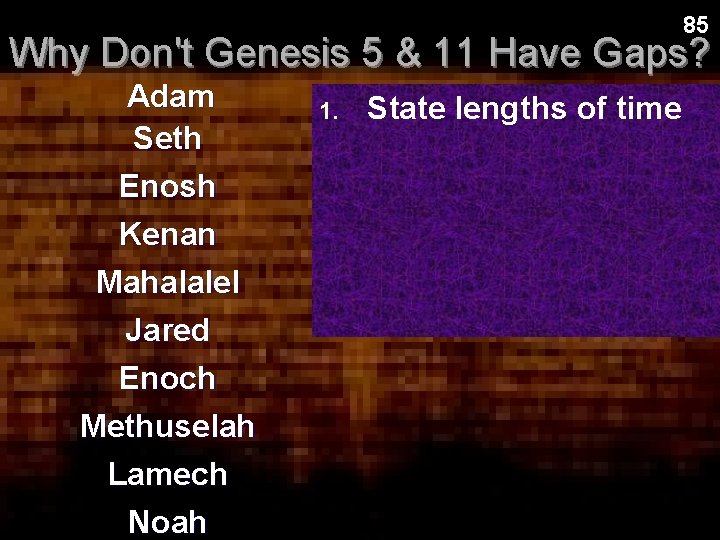 85 Why Don't Genesis 5 & 11 Have Gaps? Adam Seth Enosh Kenan Mahalalel 85 Why Don't Genesis 5 & 11 Have Gaps? Adam Seth Enosh Kenan Mahalalel