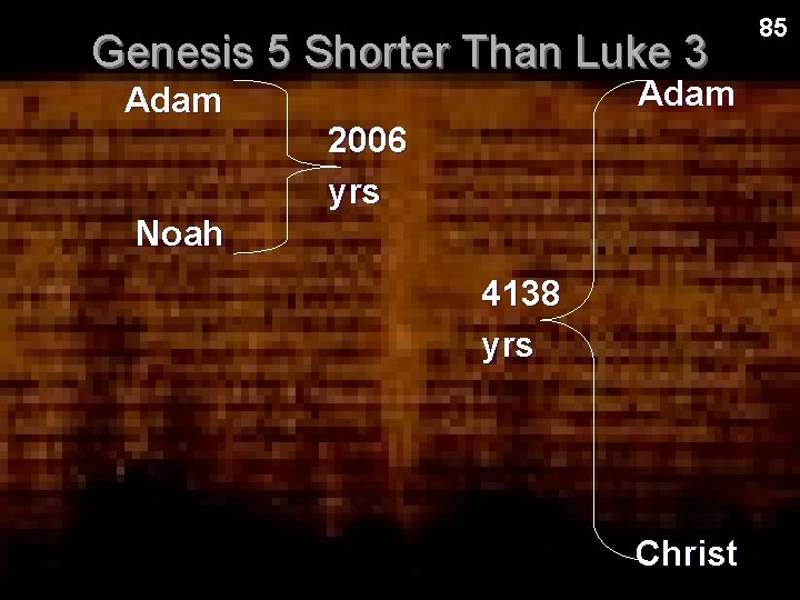 Genesis 5 Shorter Than Luke 3 Adam 2006 yrs Noah 4138 yrs Christ 85 Genesis 5 Shorter Than Luke 3 Adam 2006 yrs Noah 4138 yrs Christ 85
