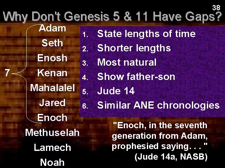 38 Why Don't Genesis 5 & 11 Have Gaps? Adam Seth 7 1. 2. 38 Why Don't Genesis 5 & 11 Have Gaps? Adam Seth 7 1. 2.
