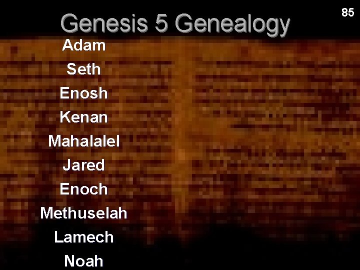Genesis 5 Genealogy Adam Seth Enosh Kenan Mahalalel Jared Enoch Methuselah Lamech Noah 85 Genesis 5 Genealogy Adam Seth Enosh Kenan Mahalalel Jared Enoch Methuselah Lamech Noah 85