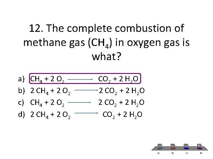 12. The complete combustion of methane gas (CH 4) in oxygen gas is what? 12. The complete combustion of methane gas (CH 4) in oxygen gas is what?