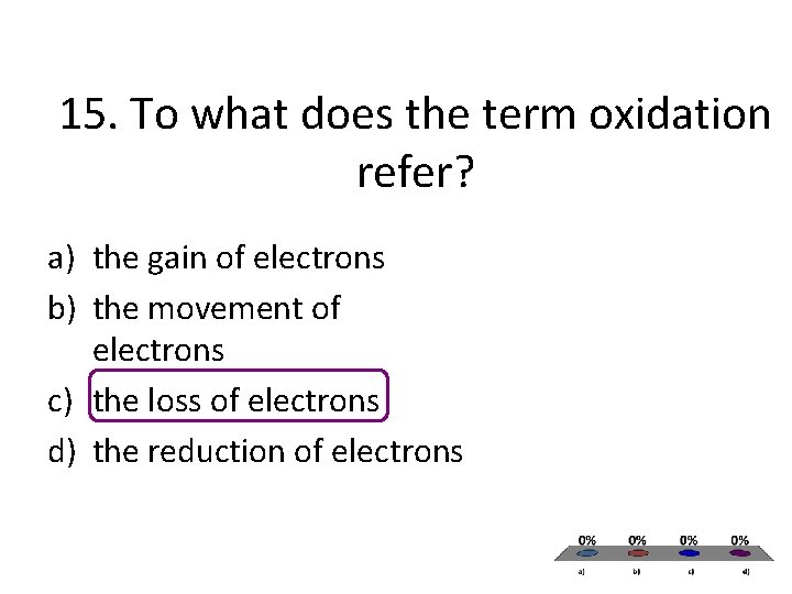 15. To what does the term oxidation refer? a) the gain of electrons b) 15. To what does the term oxidation refer? a) the gain of electrons b)