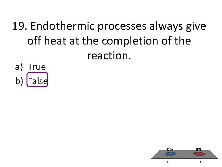 19. Endothermic processes always give off heat at the completion of the reaction. a) 19. Endothermic processes always give off heat at the completion of the reaction. a)