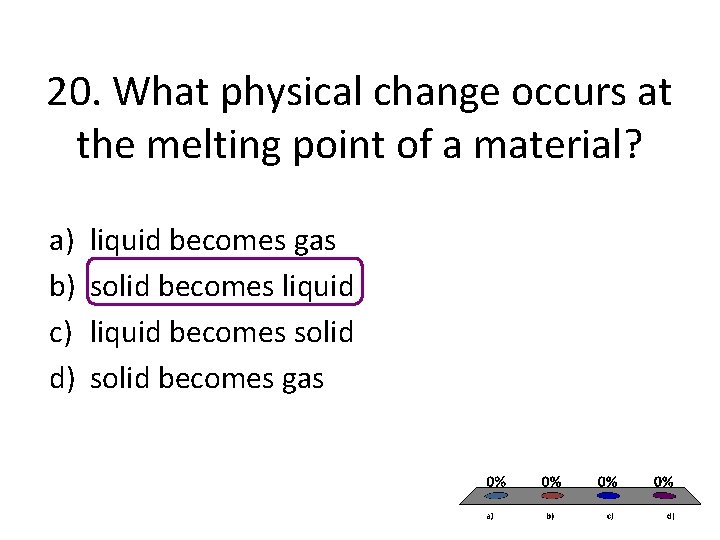 20. What physical change occurs at the melting point of a material? a) b) 20. What physical change occurs at the melting point of a material? a) b)