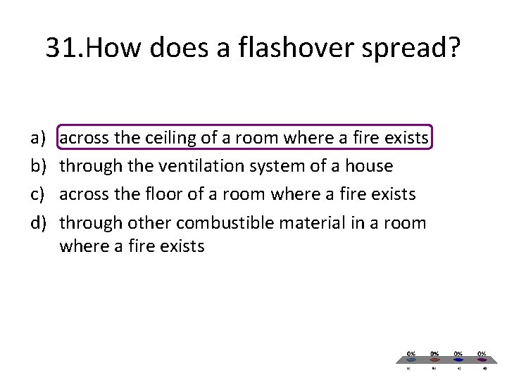 31. How does a flashover spread? a) b) c) d) across the ceiling of 31. How does a flashover spread? a) b) c) d) across the ceiling of