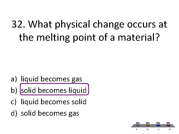 32. What physical change occurs at the melting point of a material? a) b) 32. What physical change occurs at the melting point of a material? a) b)