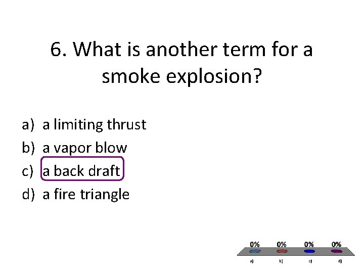 6. What is another term for a smoke explosion? a) b) c) d) a 6. What is another term for a smoke explosion? a) b) c) d) a
