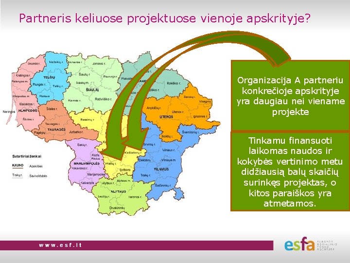 Partneris keliuose projektuose vienoje apskrityje? Organizacija A partneriu konkrečioje apskrityje yra daugiau nei viename